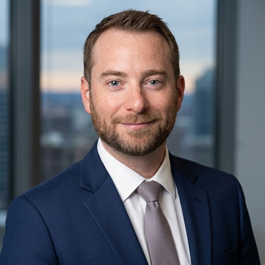 Headshot of Jeremy Miller in a navy suit and gray tie, with a city skyline behind him